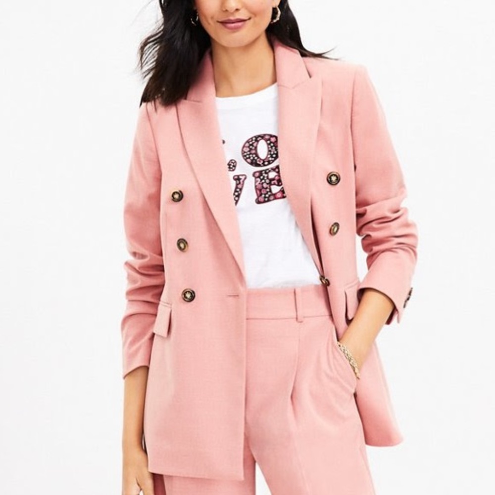 LOFT Petite Brushed Flannel Double Breasted Blazer in Pink Ruby